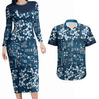 Blue Hawaiian Tapa Tribal Hibiscus Couples Matching Long Sleeve Bodycon Dress and Hawaiian Shirt LT9 Blue - Polynesian Pride