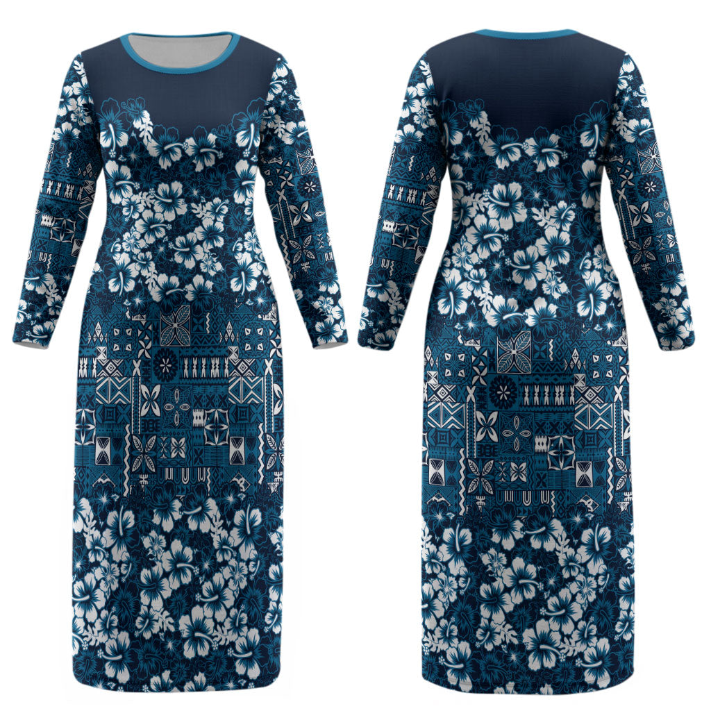 Blue Hawaiian Tapa Tribal Hibiscus Couples Matching Long Sleeve Bodycon Dress and Hawaiian Shirt LT9 - Polynesian Pride