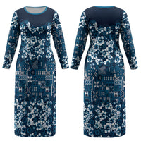Blue Hawaiian Tapa Tribal Hibiscus Couples Matching Long Sleeve Bodycon Dress and Hawaiian Shirt LT9 - Polynesian Pride