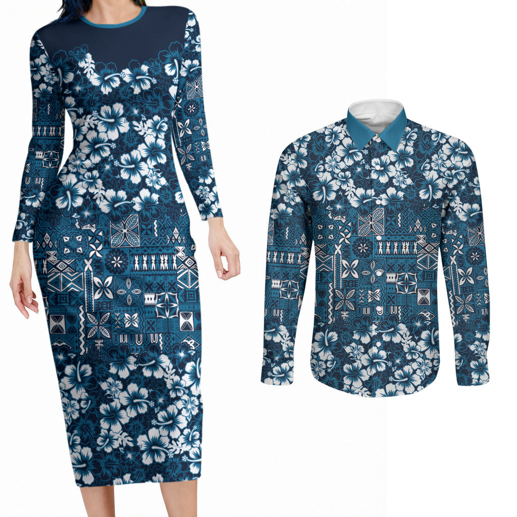 Blue Hawaiian Tapa Tribal Hibiscus Couples Matching Long Sleeve Bodycon Dress and Long Sleeve Button Shirt LT9 Blue - Polynesian Pride