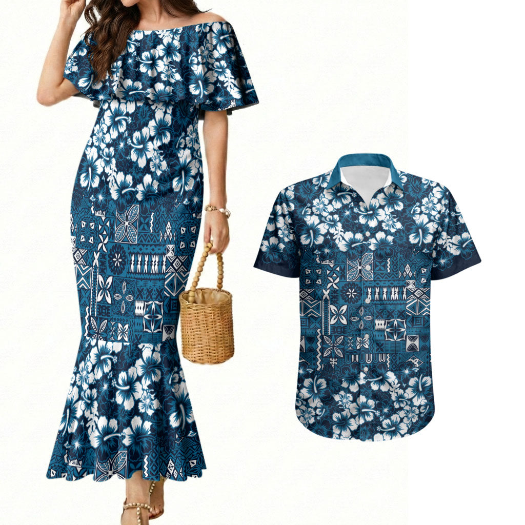 Blue Hawaiian Tapa Tribal Hibiscus Couples Matching Mermaid Dress and Hawaiian Shirt LT9 Blue - Polynesian Pride