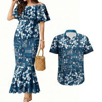Blue Hawaiian Tapa Tribal Hibiscus Couples Matching Mermaid Dress and Hawaiian Shirt LT9 Blue - Polynesian Pride