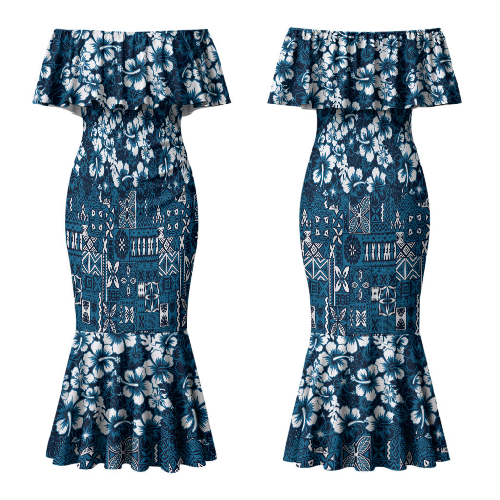 Blue Hawaiian Tapa Tribal Hibiscus Couples Matching Mermaid Dress and Hawaiian Shirt LT9 - Polynesian Pride