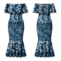 Blue Hawaiian Tapa Tribal Hibiscus Couples Matching Mermaid Dress and Hawaiian Shirt LT9 - Polynesian Pride