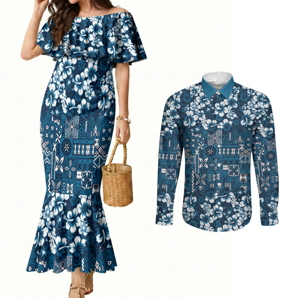 Blue Hawaiian Tapa Tribal Hibiscus Couples Matching Mermaid Dress and Long Sleeve Button Shirt LT9 Blue - Polynesian Pride