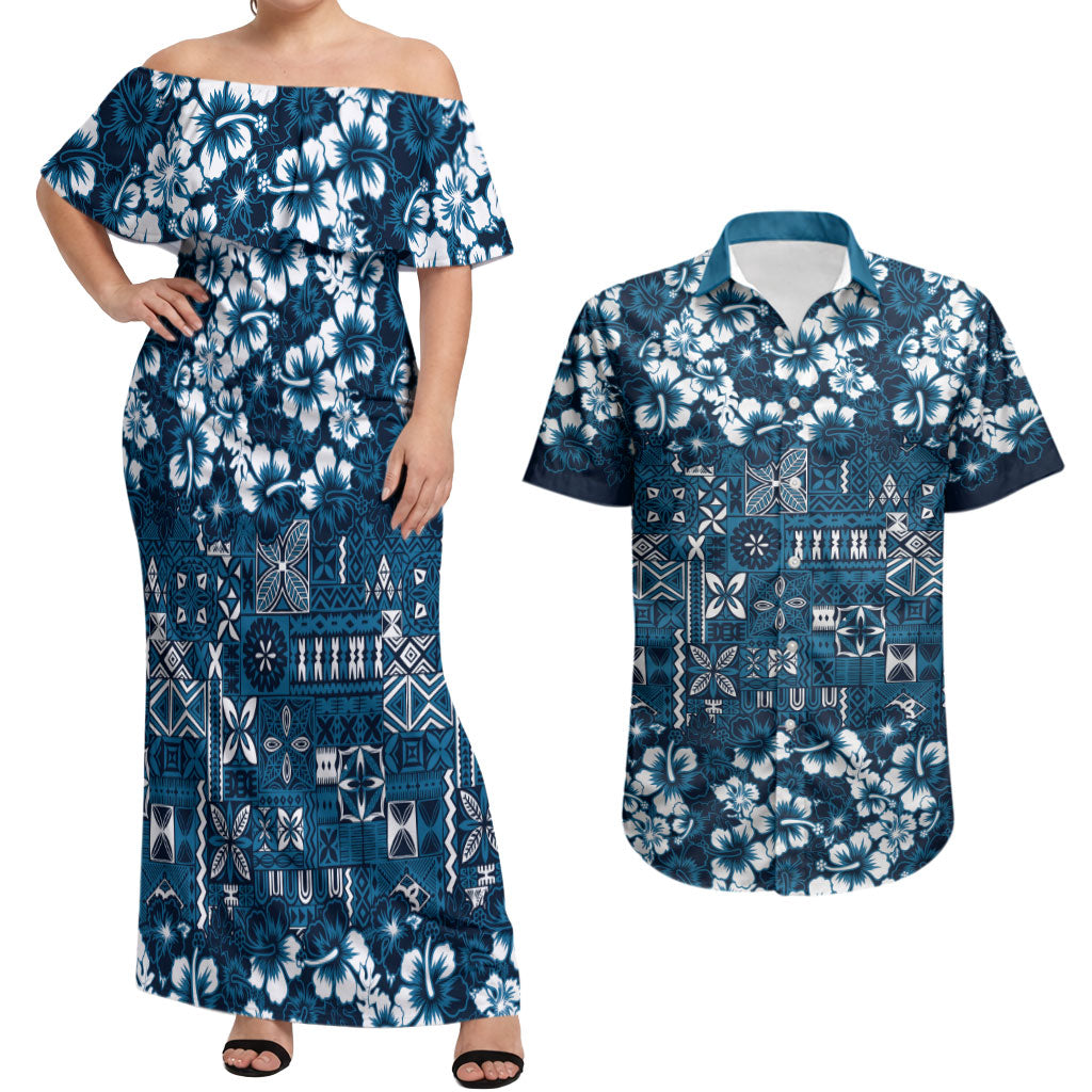 Blue Hawaiian Tapa Tribal Hibiscus Couples Matching Off Shoulder Maxi Dress and Hawaiian Shirt LT9 Blue - Polynesian Pride