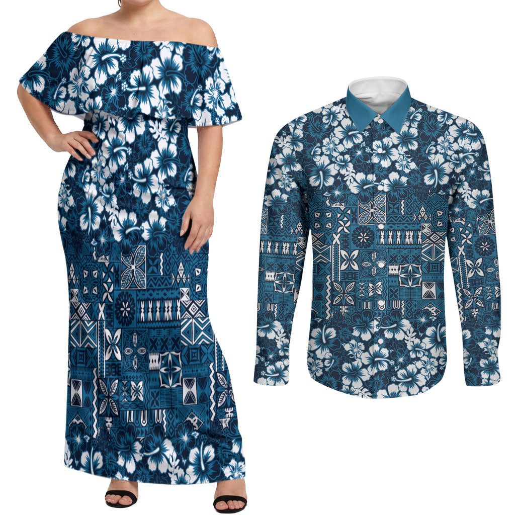 Blue Hawaiian Tapa Tribal Hibiscus Couples Matching Off Shoulder Maxi Dress and Long Sleeve Button Shirt LT9 Blue - Polynesian Pride