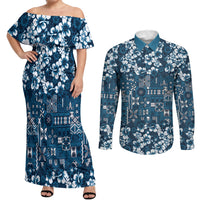 Blue Hawaiian Tapa Tribal Hibiscus Couples Matching Off Shoulder Maxi Dress and Long Sleeve Button Shirt LT9 Blue - Polynesian Pride