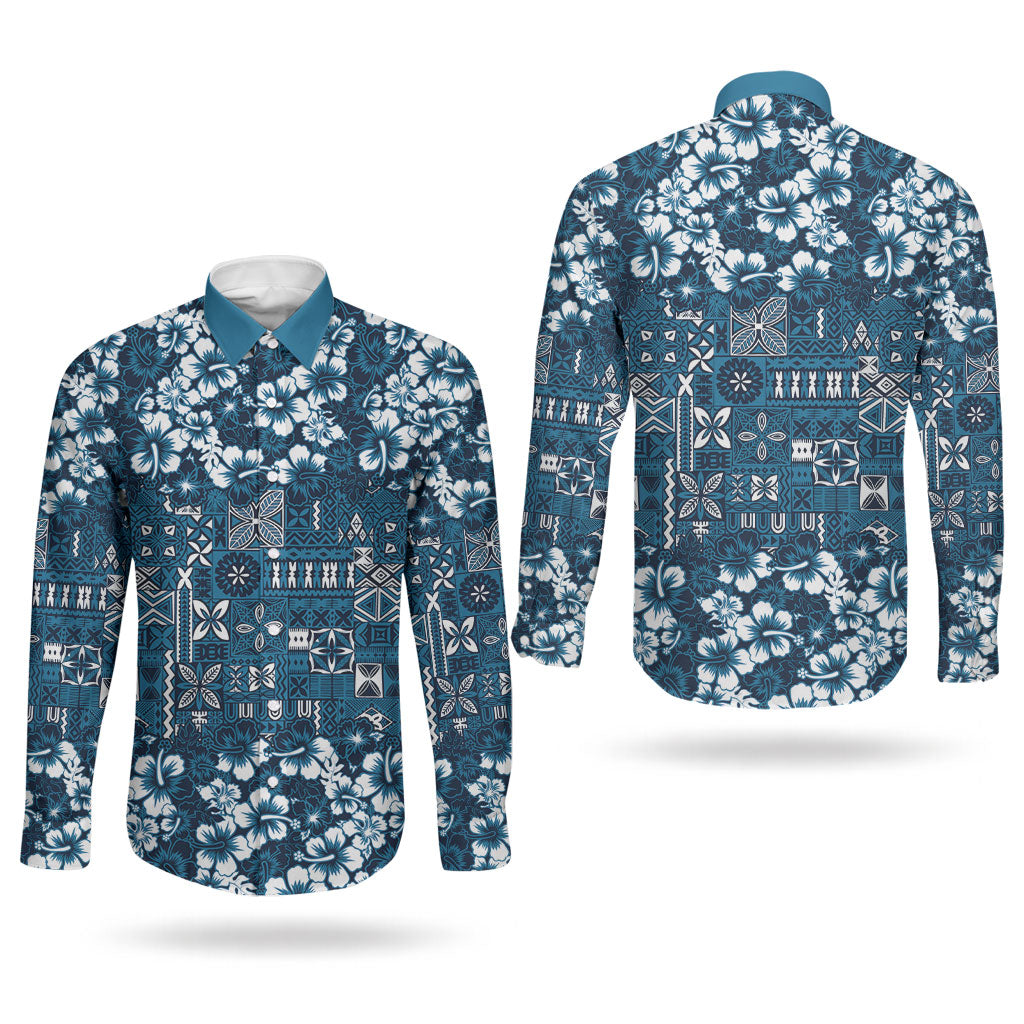 Blue Hawaiian Tapa Tribal Hibiscus Couples Matching Off Shoulder Maxi Dress and Long Sleeve Button Shirt LT9 - Polynesian Pride