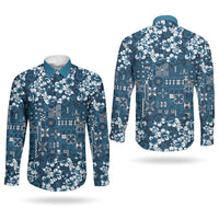 Blue Hawaiian Tapa Tribal Hibiscus Couples Matching Off Shoulder Maxi Dress and Long Sleeve Button Shirt LT9 - Polynesian Pride