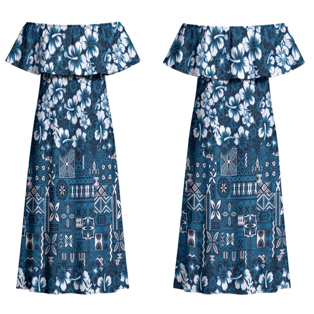Blue Hawaiian Tapa Tribal Hibiscus Couples Matching Off Shoulder Maxi Dress and Long Sleeve Button Shirt LT9 - Polynesian Pride