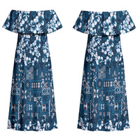 Blue Hawaiian Tapa Tribal Hibiscus Couples Matching Off Shoulder Maxi Dress and Long Sleeve Button Shirt LT9 - Polynesian Pride