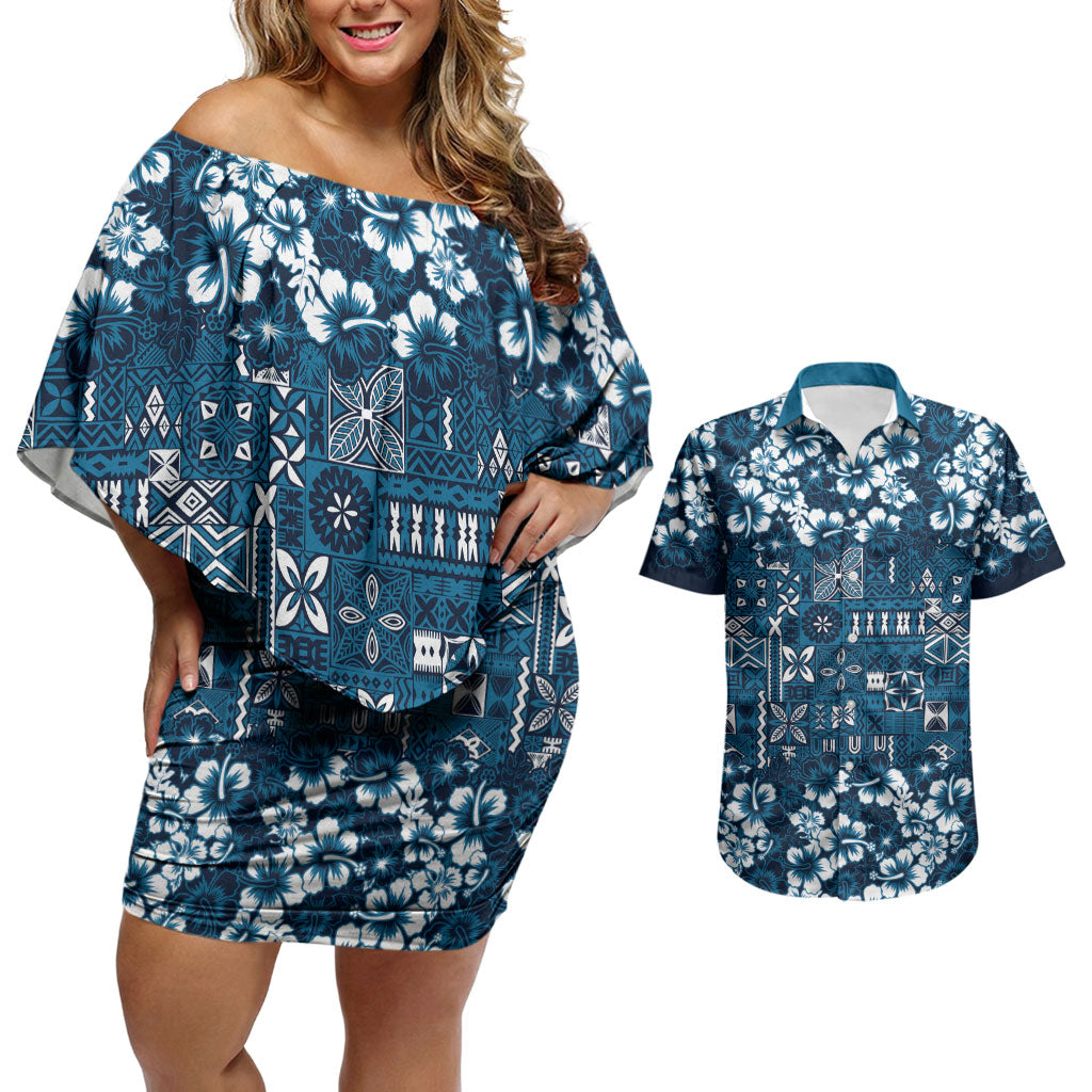 Blue Hawaiian Tapa Tribal Hibiscus Couples Matching Off Shoulder Short Dress and Hawaiian Shirt LT9 Blue - Polynesian Pride