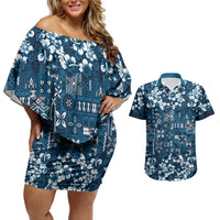 Blue Hawaiian Tapa Tribal Hibiscus Couples Matching Off Shoulder Short Dress and Hawaiian Shirt LT9 Blue - Polynesian Pride