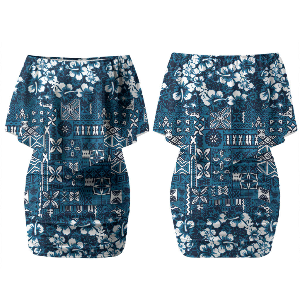 Blue Hawaiian Tapa Tribal Hibiscus Couples Matching Off Shoulder Short Dress and Hawaiian Shirt LT9 - Polynesian Pride