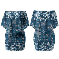 Blue Hawaiian Tapa Tribal Hibiscus Couples Matching Off Shoulder Short Dress and Hawaiian Shirt LT9 - Polynesian Pride