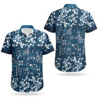 Blue Hawaiian Tapa Tribal Hibiscus Couples Matching Off Shoulder Short Dress and Hawaiian Shirt LT9 - Polynesian Pride