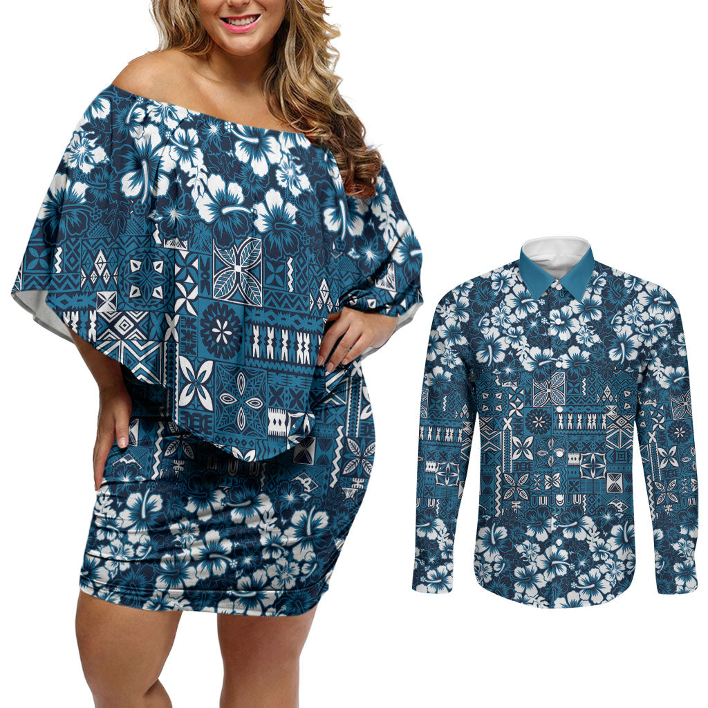 Blue Hawaiian Tapa Tribal Hibiscus Couples Matching Off Shoulder Short Dress and Long Sleeve Button Shirt LT9 Blue - Polynesian Pride