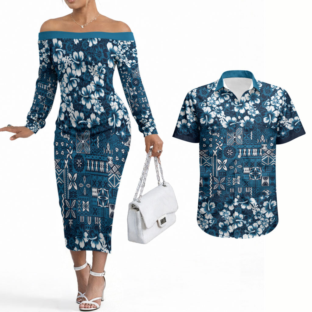 Blue Hawaiian Tapa Tribal Hibiscus Couples Matching Off The Shoulder Long Sleeve Dress and Hawaiian Shirt LT9 Blue - Polynesian Pride