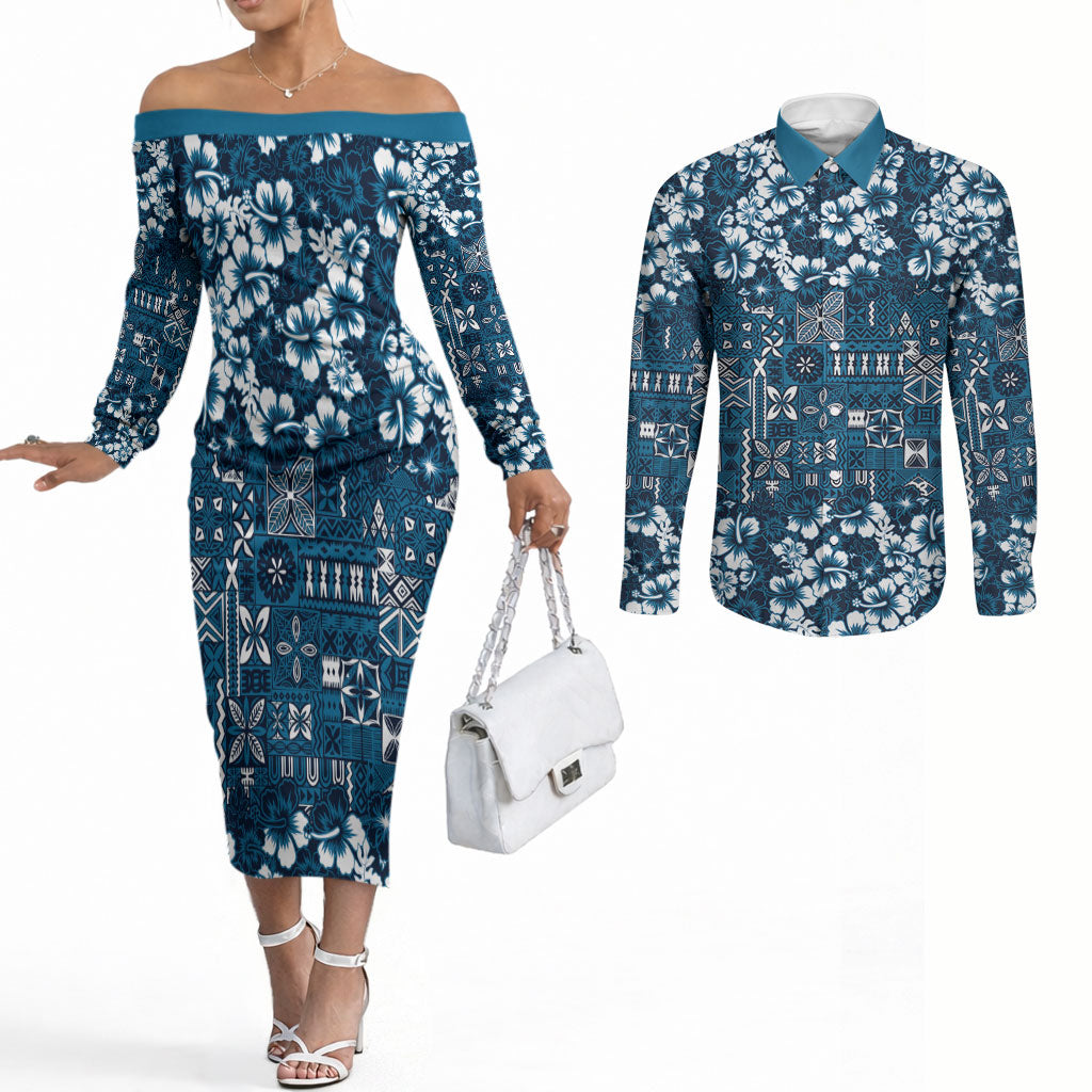 Blue Hawaiian Tapa Tribal Hibiscus Couples Matching Off The Shoulder Long Sleeve Dress and Long Sleeve Button Shirt LT9 Blue - Polynesian Pride