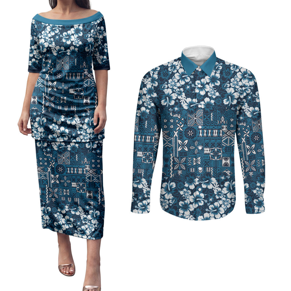Blue Hawaiian Tapa Tribal Hibiscus Couples Matching Puletasi and Long Sleeve Button Shirt LT9 Blue - Polynesian Pride