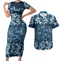 Blue Hawaiian Tapa Tribal Hibiscus Couples Matching Short Sleeve Bodycon Dress and Hawaiian Shirt LT9 Blue - Polynesian Pride