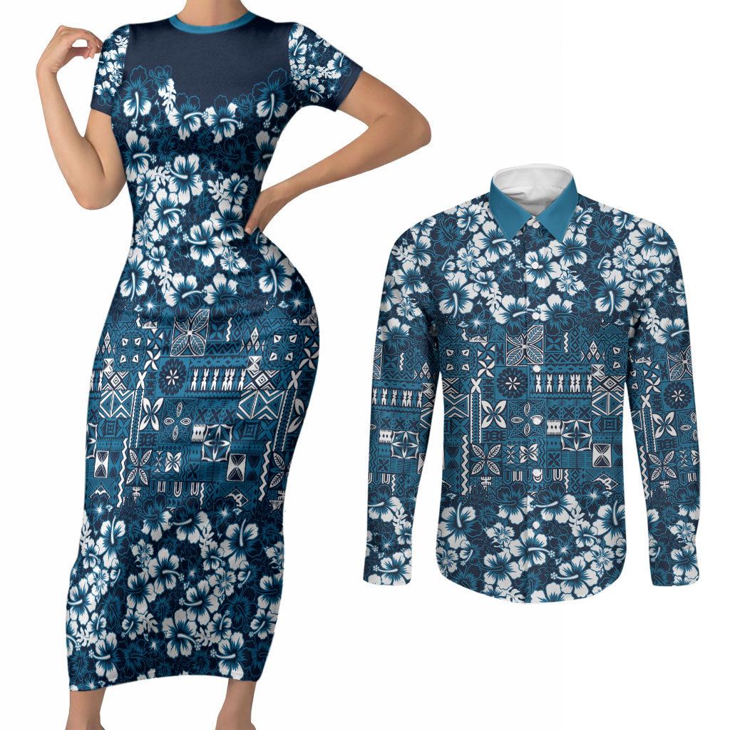 Blue Hawaiian Tapa Tribal Hibiscus Couples Matching Short Sleeve Bodycon Dress and Long Sleeve Button Shirt LT9 Blue - Polynesian Pride