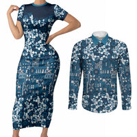 Blue Hawaiian Tapa Tribal Hibiscus Couples Matching Short Sleeve Bodycon Dress and Long Sleeve Button Shirt LT9 Blue - Polynesian Pride