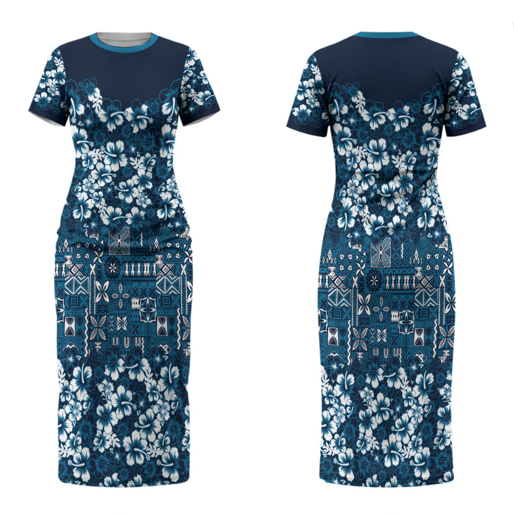 Blue Hawaiian Tapa Tribal Hibiscus Couples Matching Short Sleeve Bodycon Dress and Long Sleeve Button Shirt LT9 - Polynesian Pride