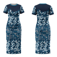 Blue Hawaiian Tapa Tribal Hibiscus Couples Matching Short Sleeve Bodycon Dress and Long Sleeve Button Shirt LT9 - Polynesian Pride