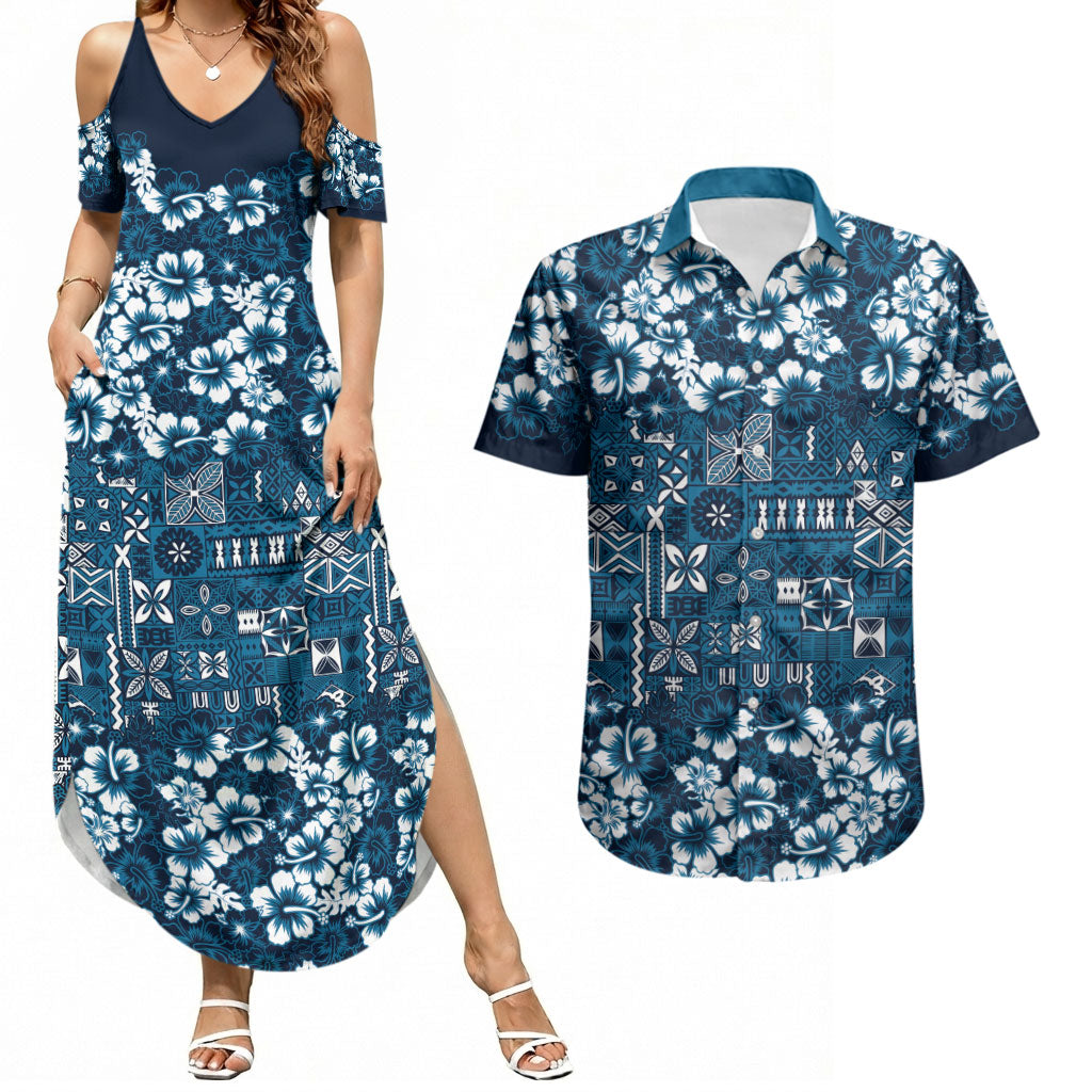 Blue Hawaiian Tapa Tribal Hibiscus Couples Matching Summer Maxi Dress and Hawaiian Shirt LT9 Blue - Polynesian Pride