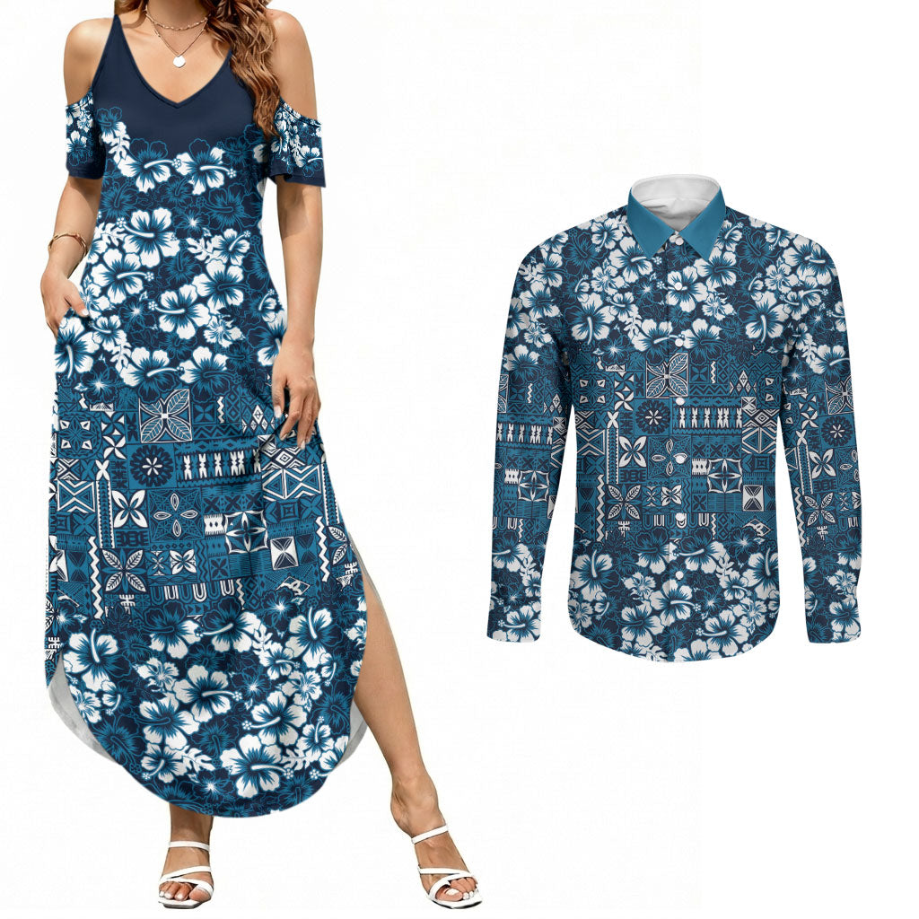 Blue Hawaiian Tapa Tribal Hibiscus Couples Matching Summer Maxi Dress and Long Sleeve Button Shirt LT9 Blue - Polynesian Pride