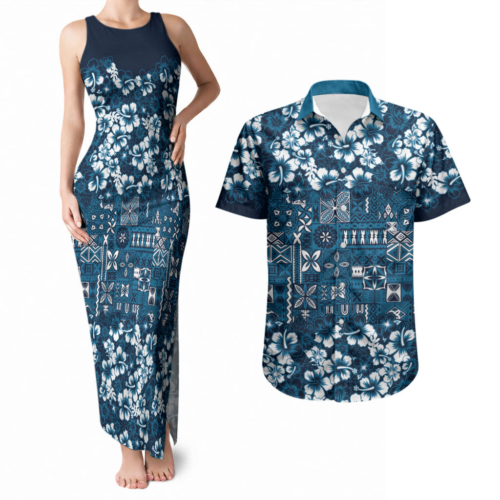 Blue Hawaiian Tapa Tribal Hibiscus Couples Matching Tank Maxi Dress and Hawaiian Shirt LT9 Blue - Polynesian Pride
