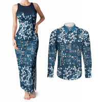 Blue Hawaiian Tapa Tribal Hibiscus Couples Matching Tank Maxi Dress and Long Sleeve Button Shirt LT9 Blue - Polynesian Pride