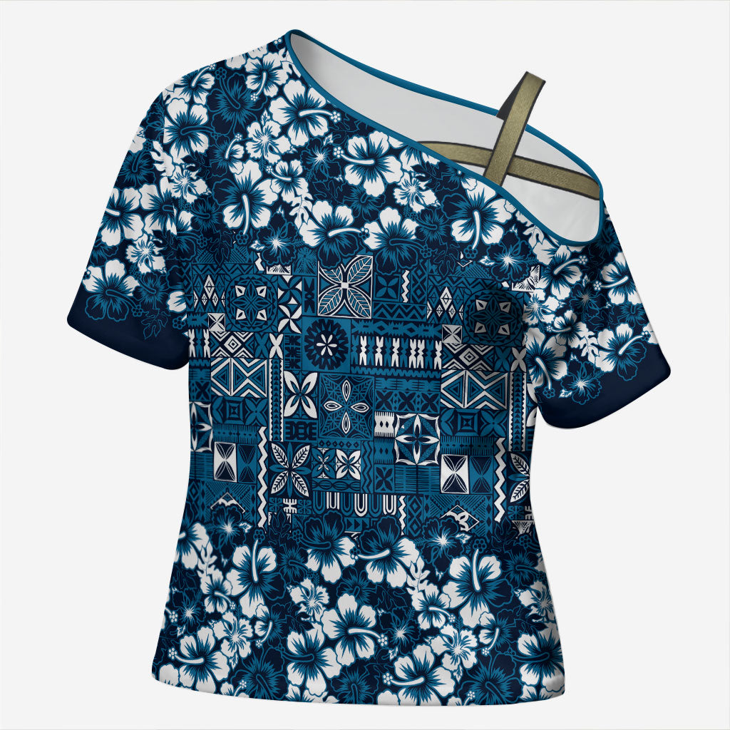 Blue Hawaiian Tapa Tribal Hibiscus Cross Shoulder Shirt LT9 Female Blue - Polynesian Pride