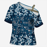 Blue Hawaiian Tapa Tribal Hibiscus Cross Shoulder Shirt LT9 Female Blue - Polynesian Pride
