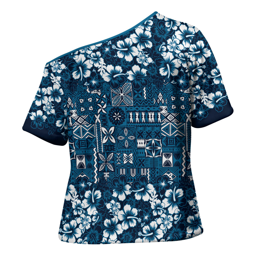 Blue Hawaiian Tapa Tribal Hibiscus Cross Shoulder Shirt LT9 - Polynesian Pride