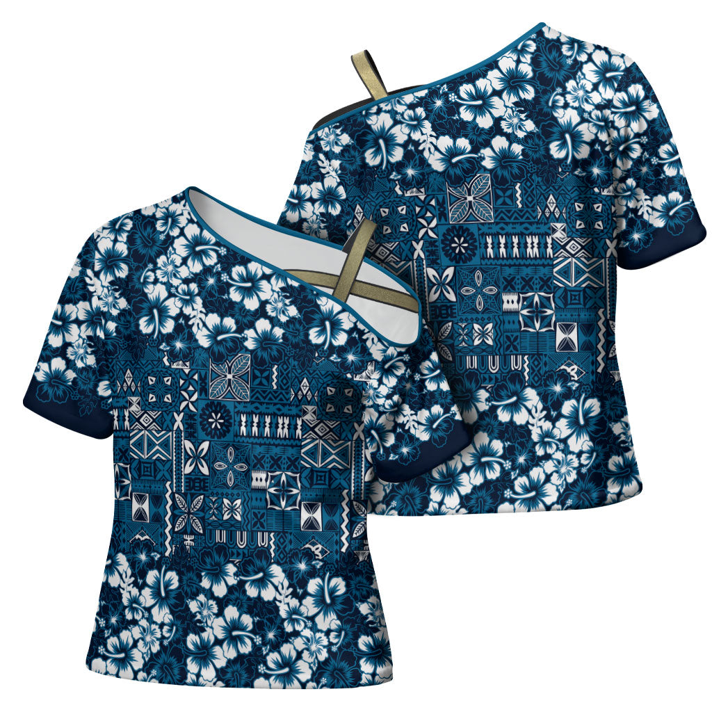 Blue Hawaiian Tapa Tribal Hibiscus Cross Shoulder Shirt LT9 - Polynesian Pride