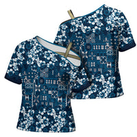 Blue Hawaiian Tapa Tribal Hibiscus Cross Shoulder Shirt LT9 - Polynesian Pride