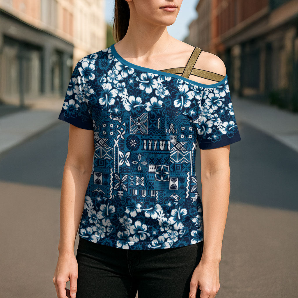 Blue Hawaiian Tapa Tribal Hibiscus Cross Shoulder Shirt LT9 - Polynesian Pride