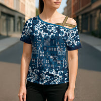Blue Hawaiian Tapa Tribal Hibiscus Cross Shoulder Shirt LT9 - Polynesian Pride