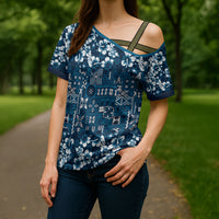Blue Hawaiian Tapa Tribal Hibiscus Cross Shoulder Shirt LT9 - Polynesian Pride