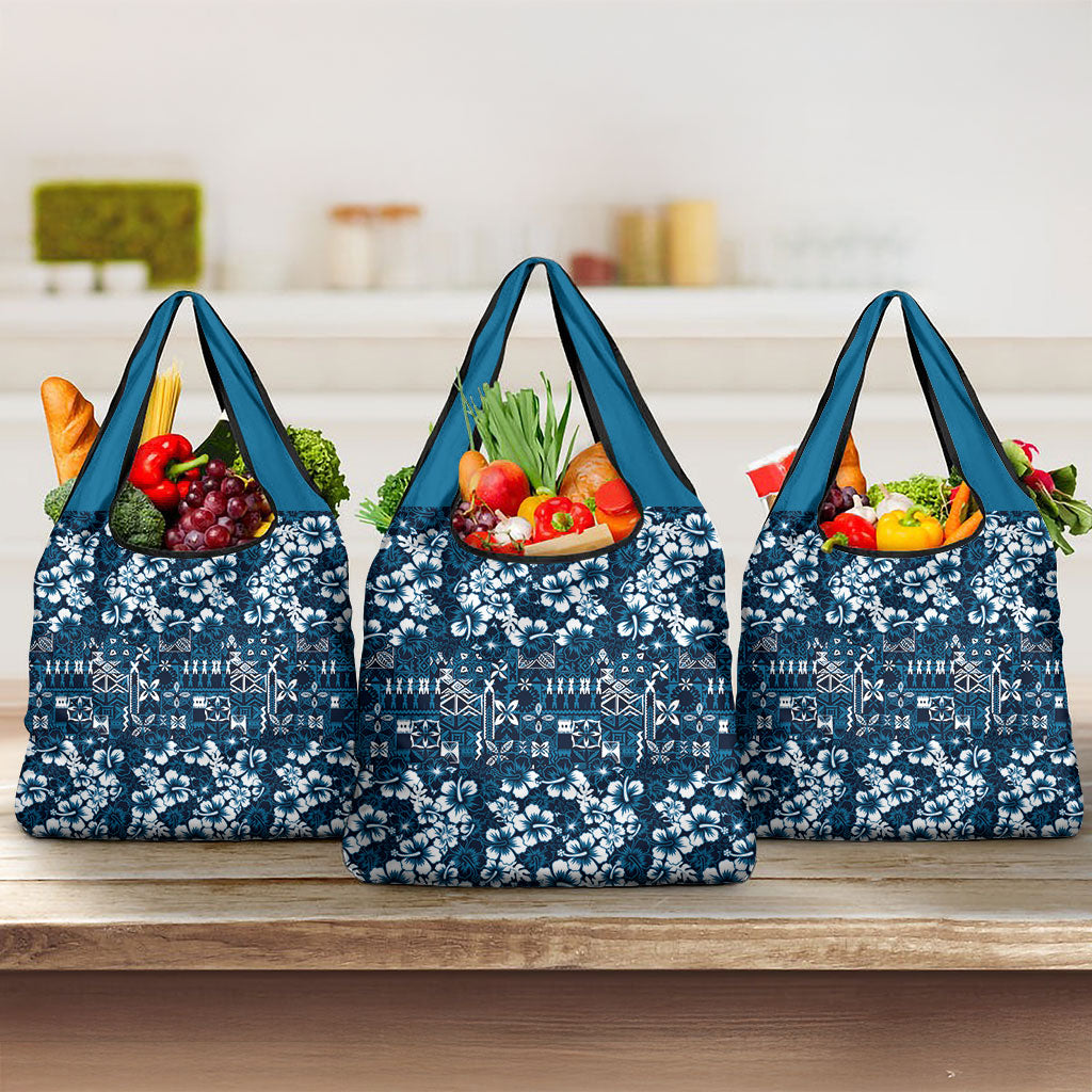 Blue Hawaiian Tapa Tribal Hibiscus Grocery Bag LT9 3-pack One Size Blue - Polynesian Pride