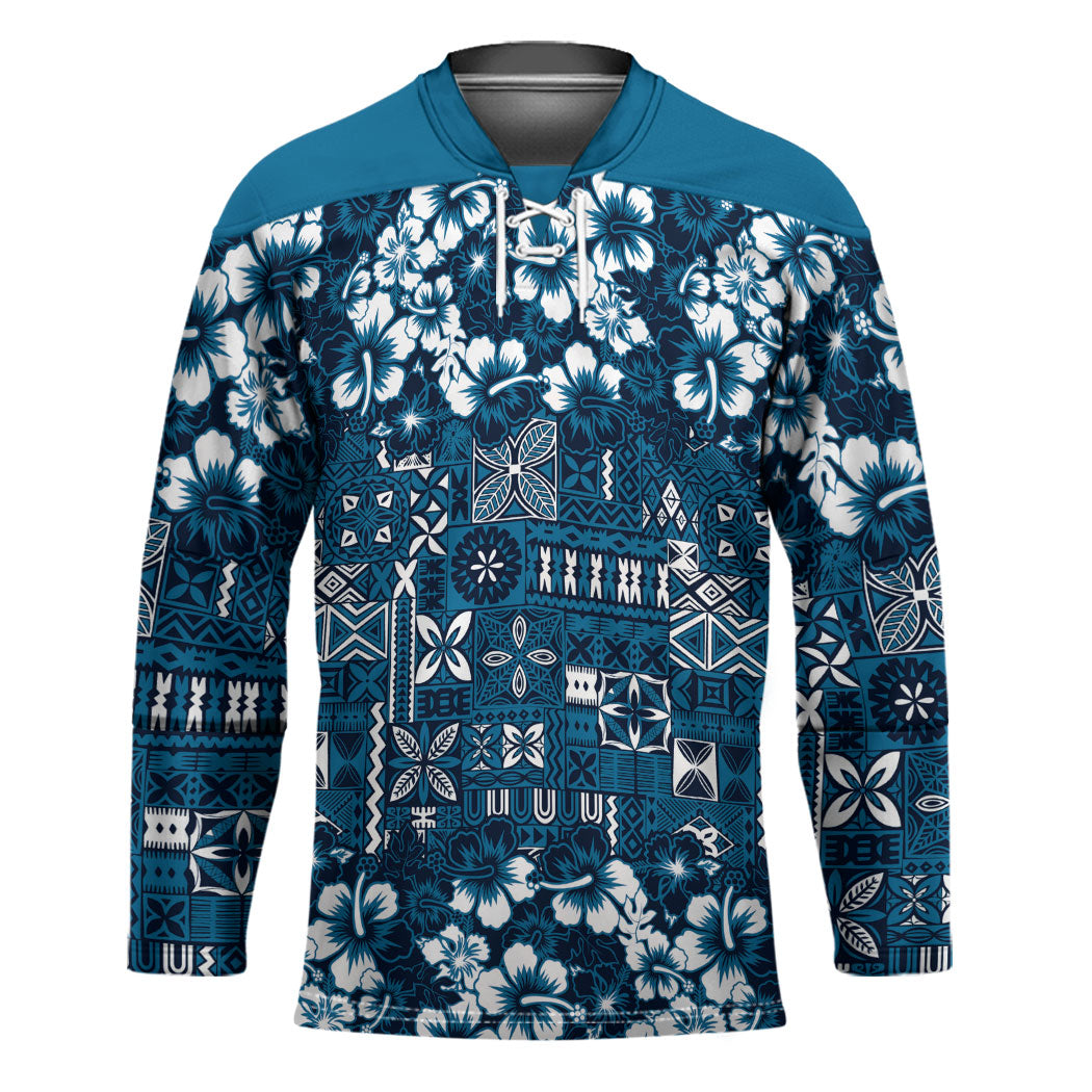 Blue Hawaiian Tapa Tribal Hibiscus Hockey Jersey LT9 Unisex Blue - Polynesian Pride