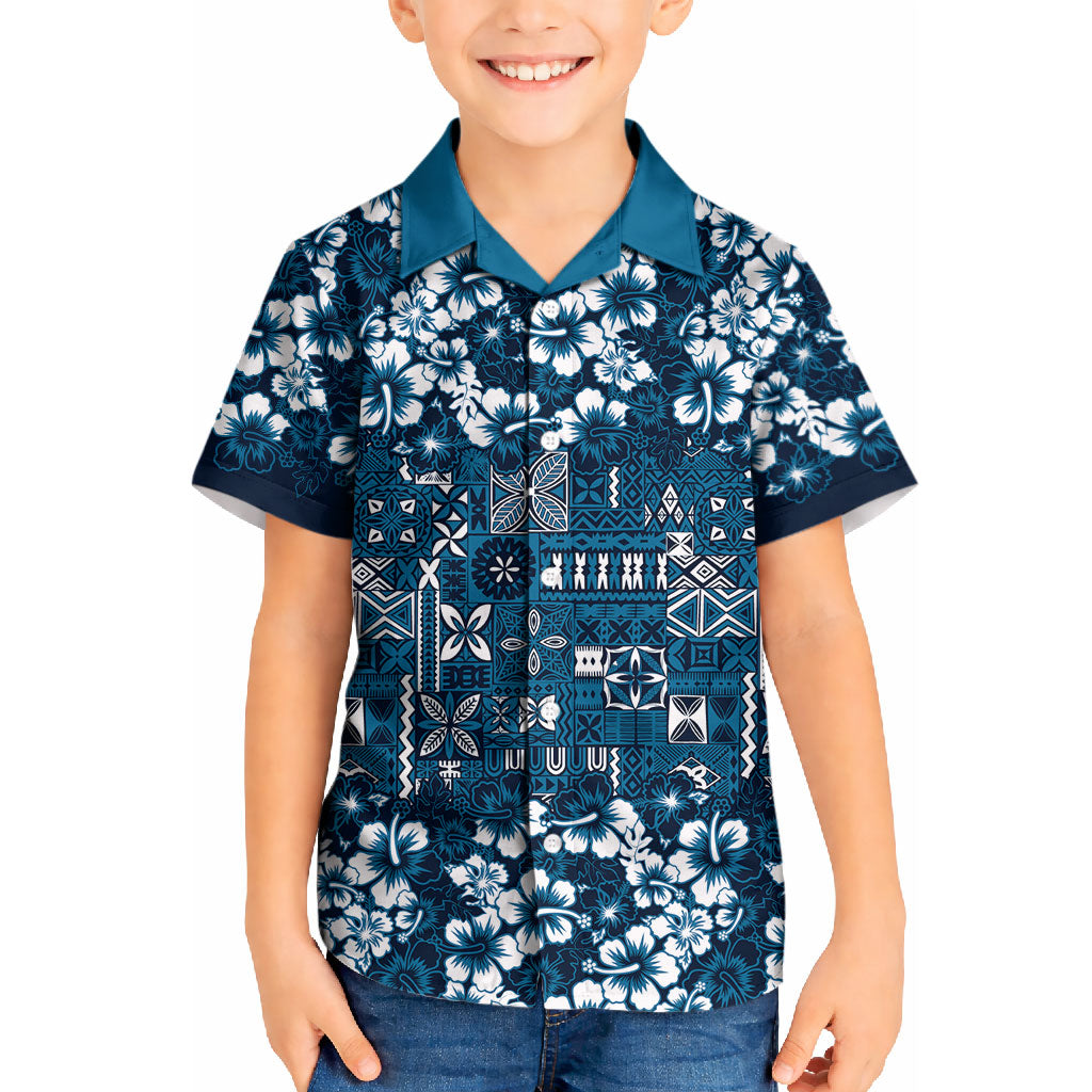 Blue Hawaiian Tapa Tribal Hibiscus Kid Hawaiian Shirt LT9 Kid Blue - Polynesian Pride