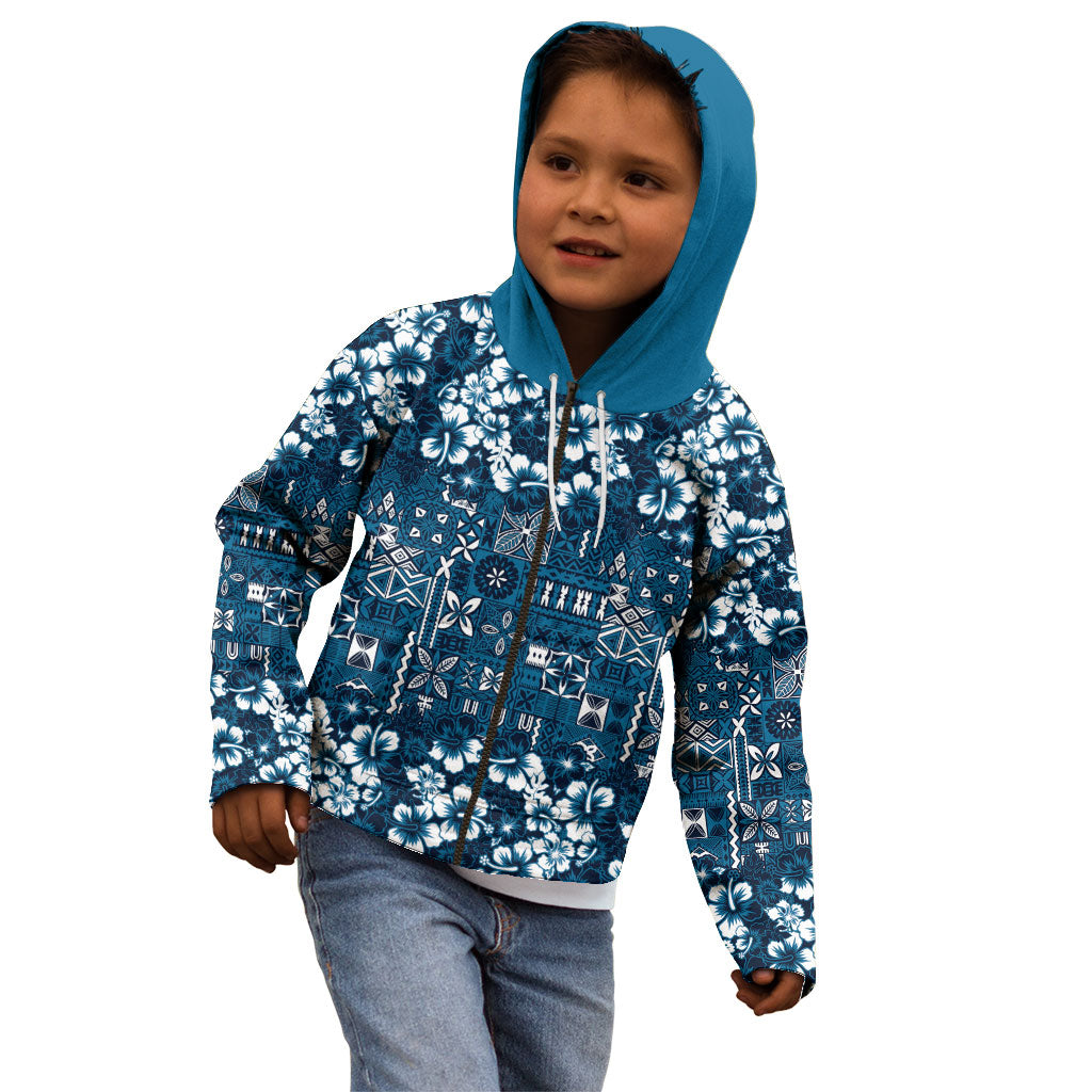 Blue Hawaiian Tapa Tribal Hibiscus Kid Hoodie LT9 - Polynesian Pride