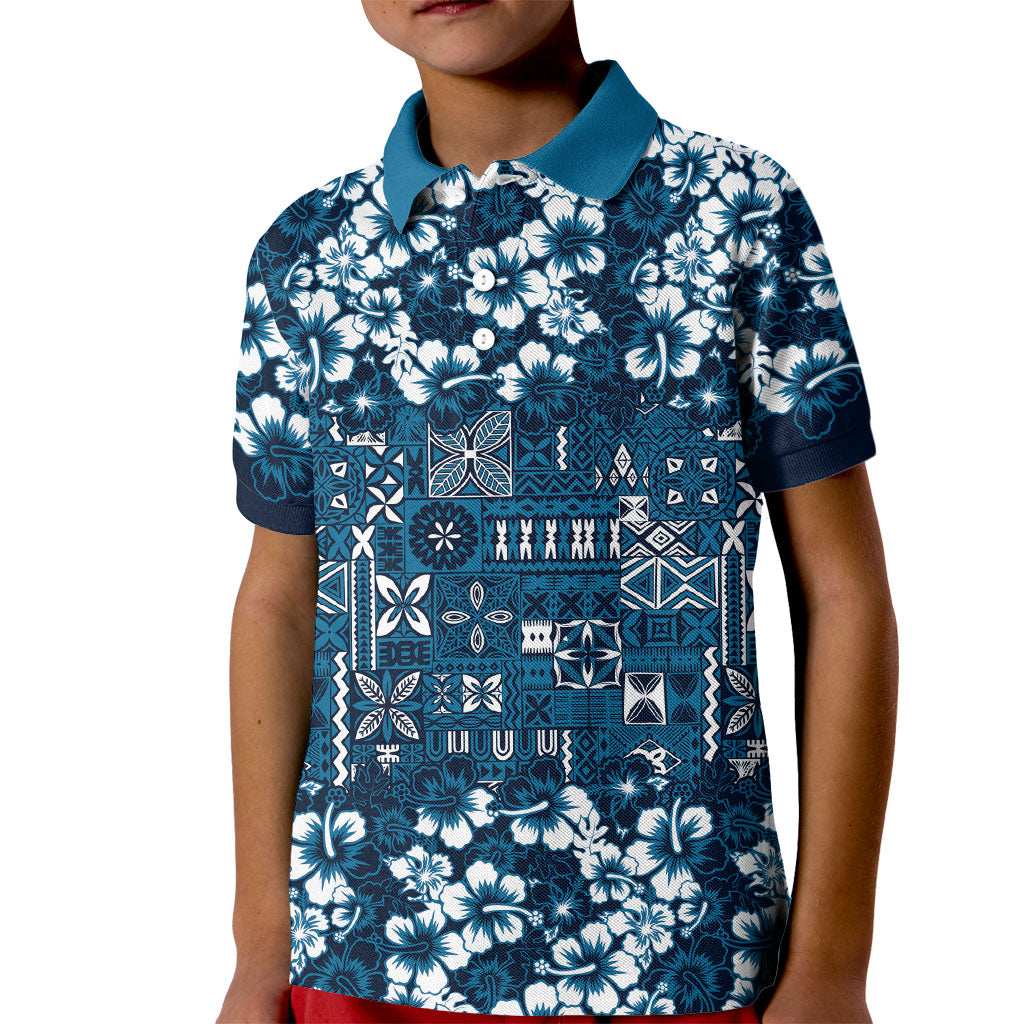 Blue Hawaiian Tapa Tribal Hibiscus Kid Polo Shirt LT9 Kid Blue - Polynesian Pride