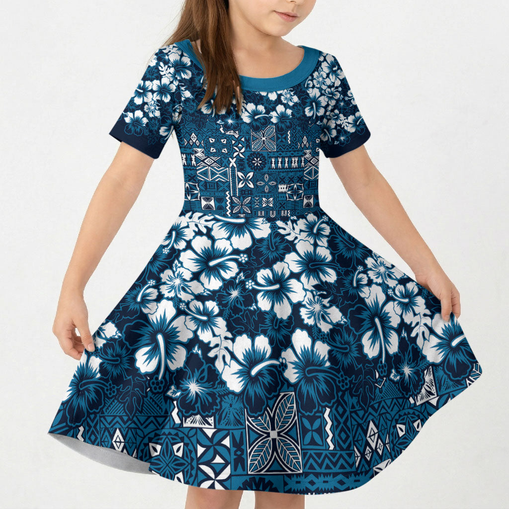 Blue Hawaiian Tapa Tribal Hibiscus Kid Short Sleeve Dress LT9 KID Blue - Polynesian Pride