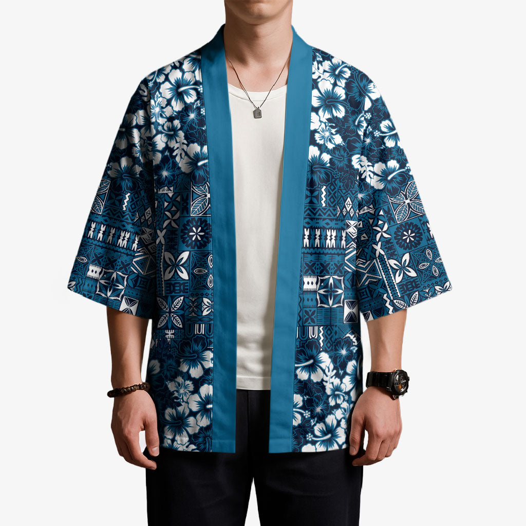 Blue Hawaiian Tapa Tribal Hibiscus Kimono LT9 - Polynesian Pride