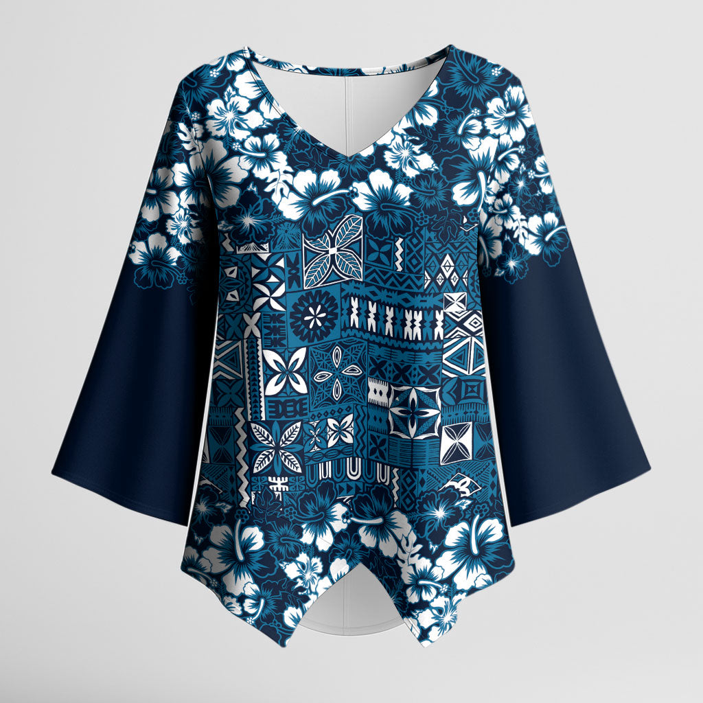 Blue Hawaiian Tapa Tribal Hibiscus Kimono Sleeve Blouse LT9 Female Blue - Polynesian Pride
